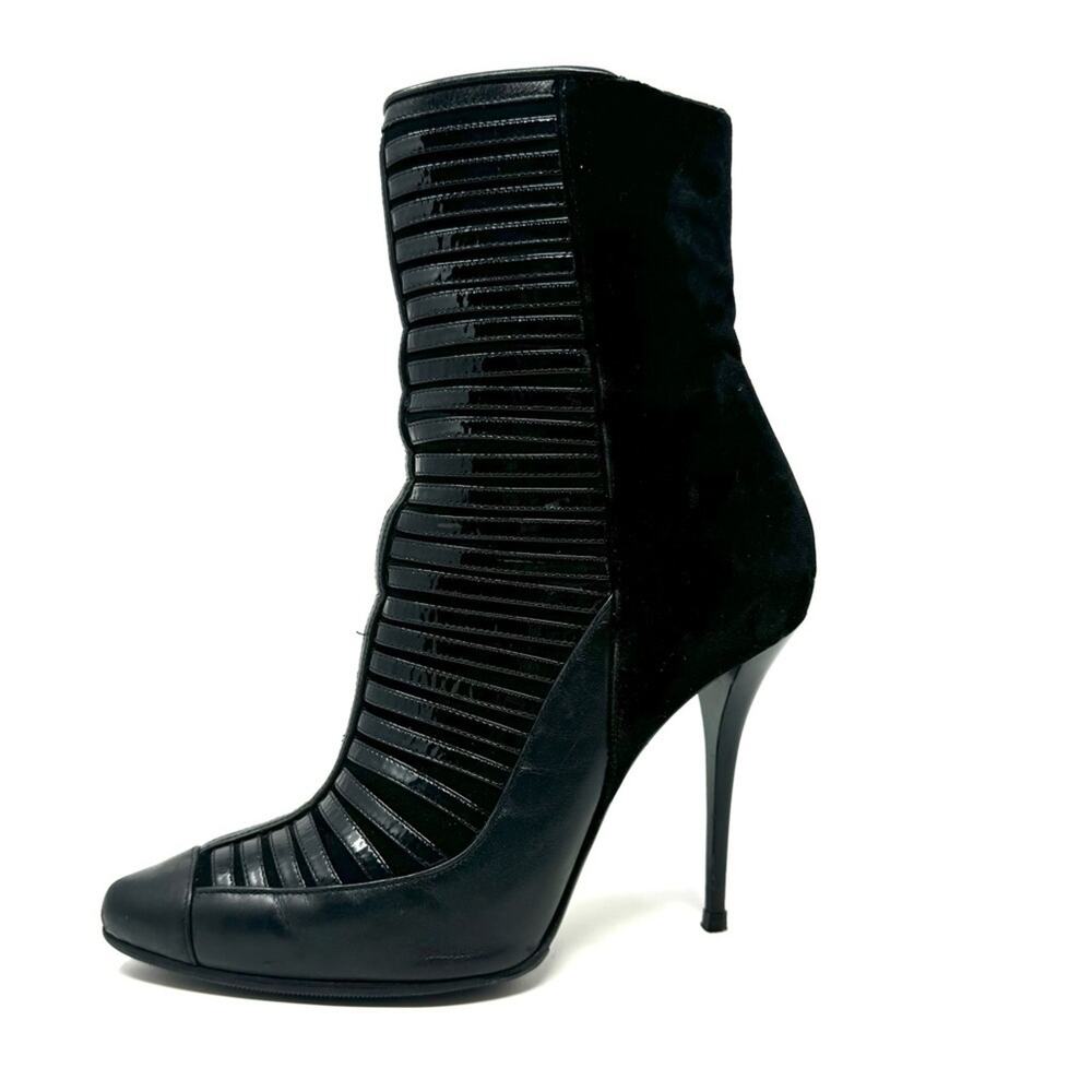 Balmain Black Patent Leather Velvet Stileto Heel Ankle Booties Sz 7